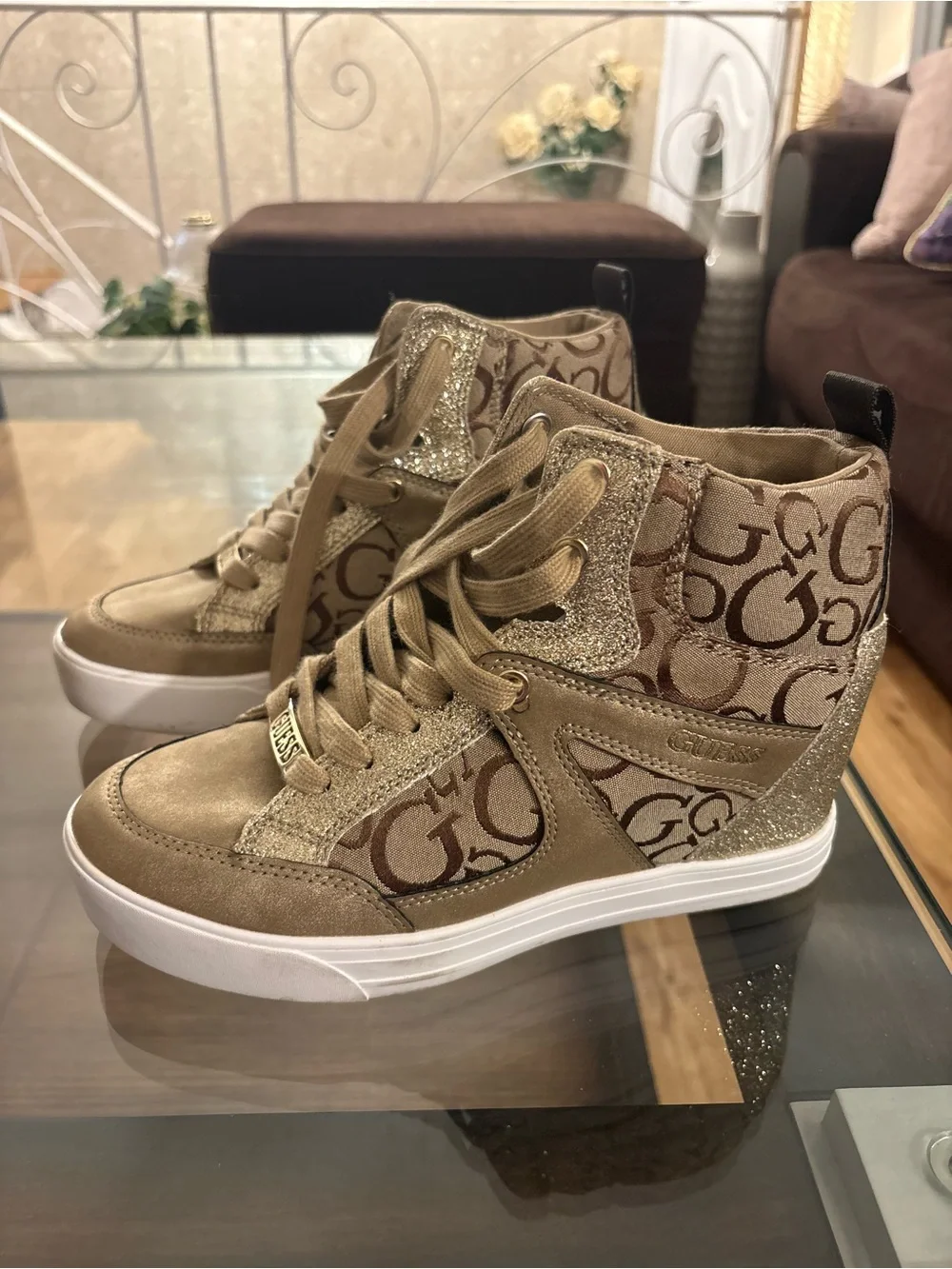 GUESS Women's Tan Logo High-Top Wedge Sneakers size 8